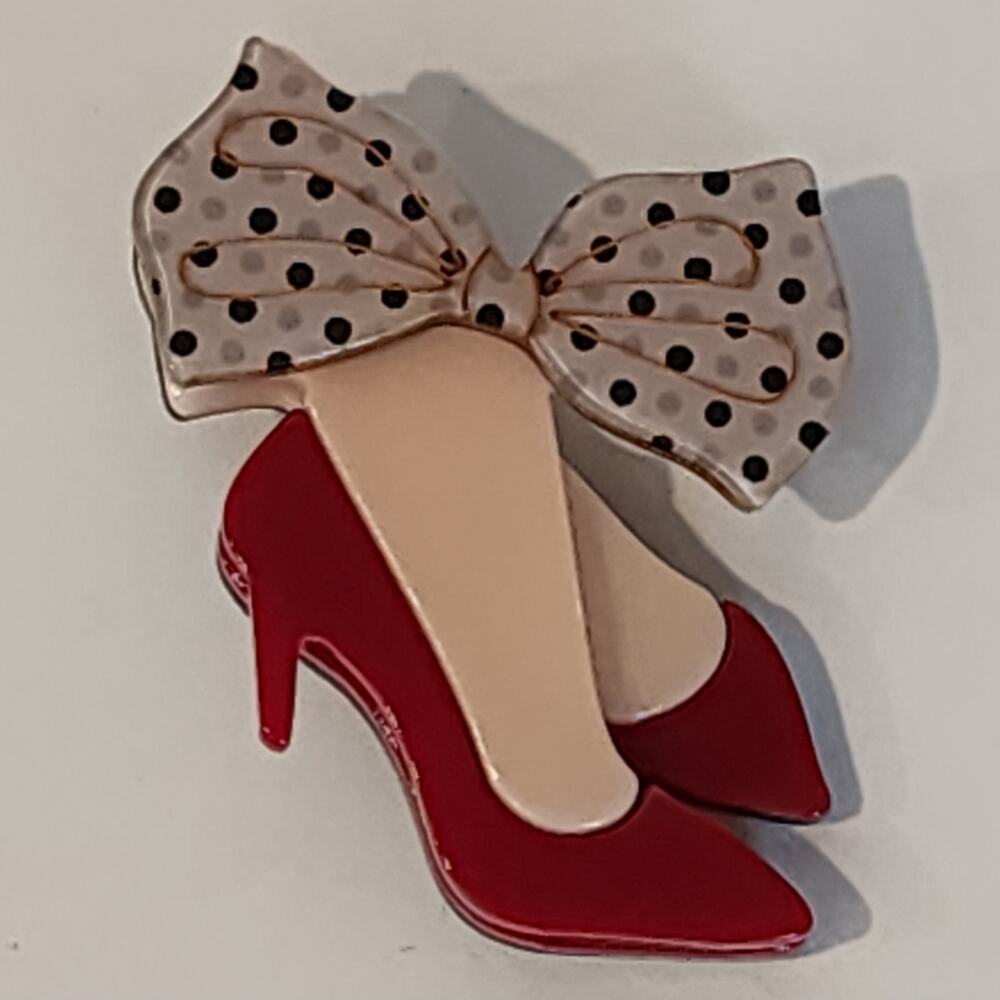 Acrylic Brooch Red High Heeled Shoes W/ Bow Cream & Black Polka Dots